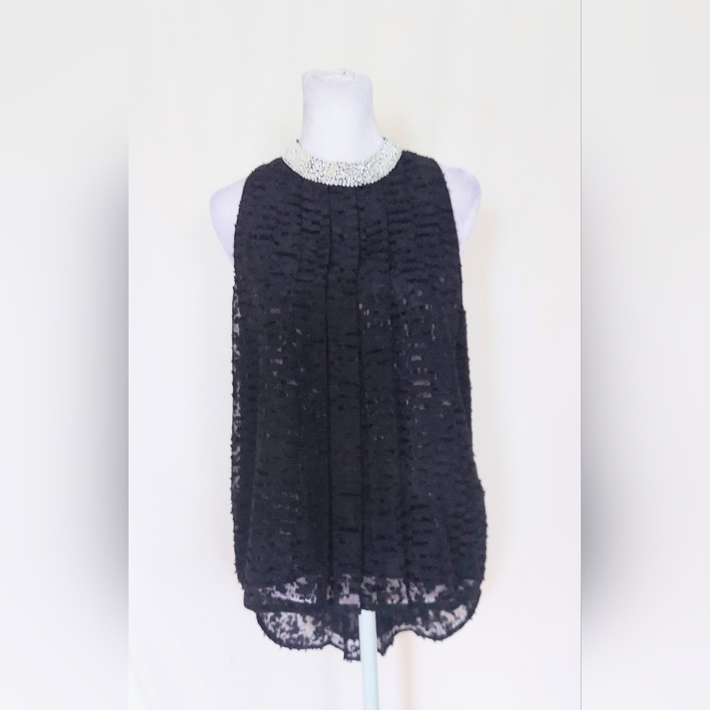 Anthropologie Sachin Babi Lace Pearl Bead Mock Neck Hi-Low Swing Top Sz 4 Black